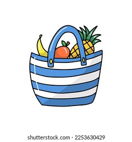 Beach bag striped woman vector illustrations cartoon drawings vacation holiday fashion fruits summer concept isolated on white background