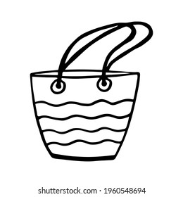 Beach bag in stripes vector hand-drawn . Black outline drawing isolated on white background, summer beach theme
