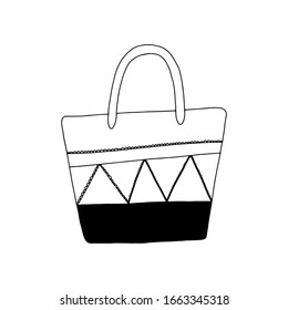 Beach bag with strips of trapezoidal shape.Black and white bag.Doodle illustration.Bag isolated on a white background.High handles.Vector illustration