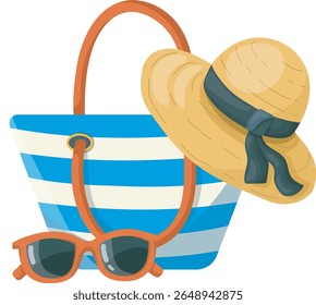 
Beach bag with summer hat and sunglasses