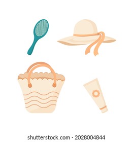 Beach Bag, Sun Cream, Comb, Summer Hat. Sommerartikel, Clipset. Trendy Vektorflache Symbole, einzeln auf Weiß. Design für Web und Print