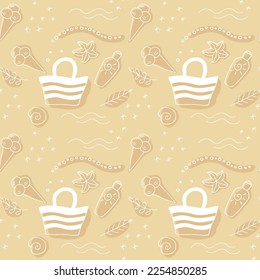 Beach bag, sun cream, necklace, ice cream cone. Set of accessories for a beach holiday, a starfish, shells and flowers vector seamless pattern white on a sand background