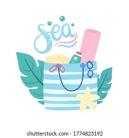 Bolsa de playa con protector solar, pez estrella, gafas de sol, toalla. Concepto de vacaciones tropicales. Lápiz de mano - Mar. Ilustración vectorial colorida. Ilustración vectorial para afiche, tarjeta, revista.