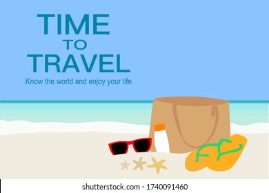 The beach bag, sunglass is stay on The yellow sand and the clear sea with blue sky and text. Summer trip on yhe beach. Enjoy vacation. Chill out Holiday. Journey, tourism concept.