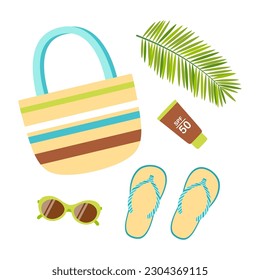 beach bag, sunglasses, flip-flops, tube of sun cream and palm leaf, top view of summer items, colored flat vector illustration isolated on white background