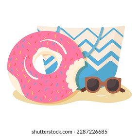 Beach bag with sunglasses and rubber ring on the sand. Front view of summer items. Summer accessories for beach and sea. Flat vector illustration isolated on white background