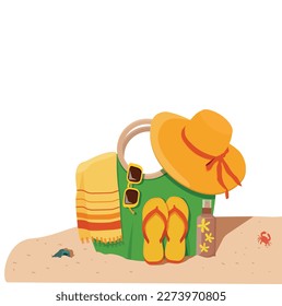 Bolsa de playa con toalla, sombrero, chanclas y gafas de sol sobre la arena. Símbolos de las vacaciones de verano. Ilustración vectorial.