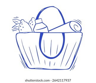 Beach bag with beach and travel accessories. Isolated female fashion accessory. Big blue lady beach bag icon. Summer vacation. Vector illustration in doodle style