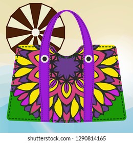 Beach bag for women with mandala ornament. vector illustrationon summer background.