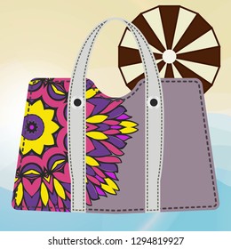 Beach bag for women with mandala ornament. vector illustrationon summer background.