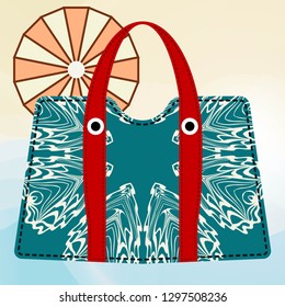Beach bag for women with mandala ornament. vector illustrationon summer background.