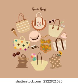 Beach bags collection for women vector illustrations set.