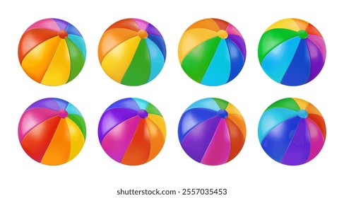 Beach ball 3d summer vector. Inflatable pool toy isolated. Water sea beachball. Ocean island rest symbol. Circus clown party colored icon. Swim balloon realistic render object. Rainbow striped plastic