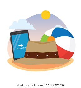 Beach Ball And Adventure Hat. Traveling Icon Set. Leisure And Travel Agent Icon Series.