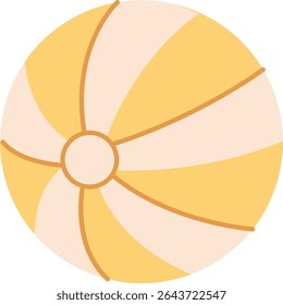 A beach ball with alternating striped panels in a flat style. The round toy features curved lines and a central circle. Cartoon vector illustration.