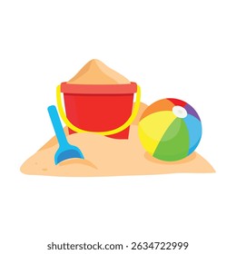 Beach ball, bucket and spade on sand. Orange plastic bucket. Summer holidays, vacation concept. Children play on beach. Recreation and entertainment. Cartoon kid toy bucket