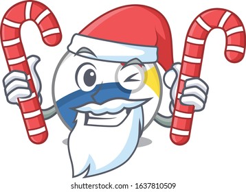 Beach ball Cartoon character wearing Santa costume bringing a candy