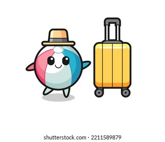 beach ball cartoon illustration with luggage on vacation , cute design