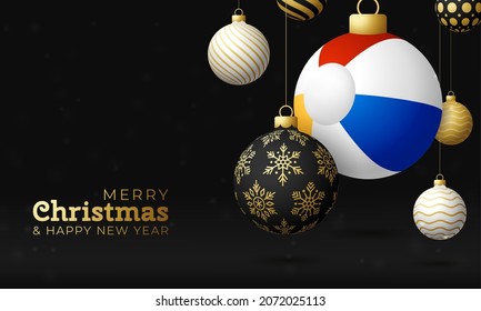 beach ball Christmas card. Merry Christmas holiday relax sunny greeting card. Hang on a thread beach ball as a xmas ball and golden bauble on black background. Sport Vector illustration