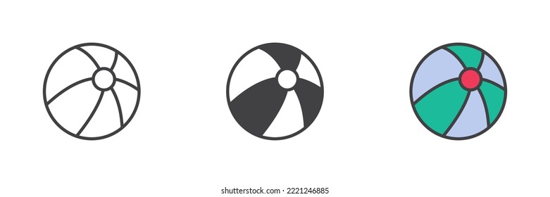 Beach Ball anders Stil Symbol Set. Linie, Glyph und gefüllte Umrissversion, Umriss und ausgefülltes Vektorzeichen. Symbol, Logo-Abbildung. Vektorgrafik