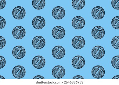 beach ball doodle seamless pattern on blue background. summer ball engraving repeat motif wallpaper. playful ball holiday line art pattern design for kids product, packaging and merchandise
