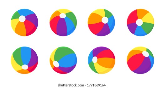 Beach ball flat style design vector illustration icon sign set collection isolated on white background. Retro styled inflatable toy for summer games or holidays.