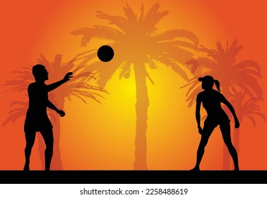 Juego de pelota de playa, puesta de sol y palmeras.