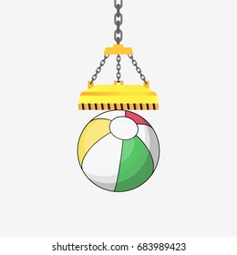 Beach ball hanging on magnet. Flat vector illustration