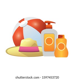 beach ball and hat with sunblock bottles icon over white background, colorful design, vector illustration