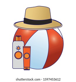 beach ball with hat and sunblocks bottles over white background, vector illustration
