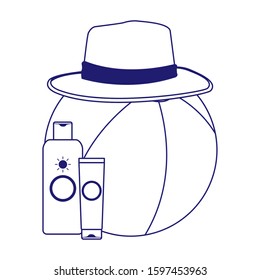 beach ball with hat and sunblocks bottles over white background, flat design, vector illustration