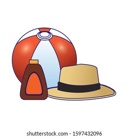 beach ball with hat and sunscreen bottle over white background, vector illustration