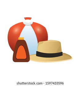 beach ball with hat and sunscreen bottle over white background, colorful design, vector illustration