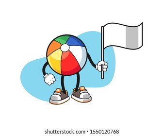 Beach ball hold white flag cartoon. Mascot Character vector.