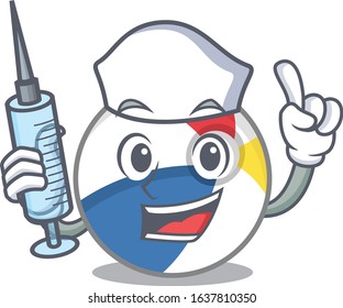 A beach ball hospitable Nurse character with a syringe