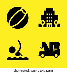 beach ball, hotel, crane and swimming vector icon set. Sample icons set for web and graphic design