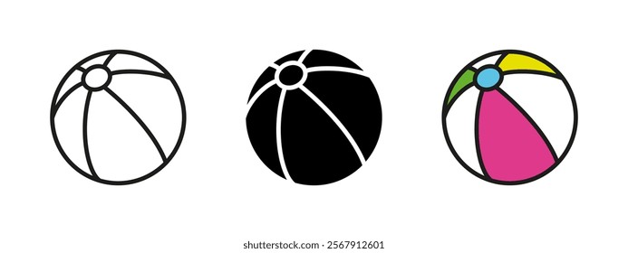 Beach ball icon. Stripped inflatable ball vector illustration. Summer sea toy symbol. Play pool game sign. Vacation activity pictogram. Colorful rubber beach ball isolated concept.
