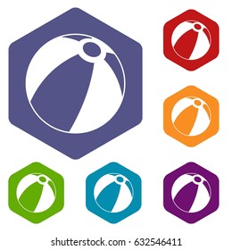 Beach ball icons set hexagon isolated vector illustration
