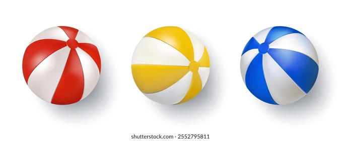 Bola de playa para la piscina del océano de la isla. Globo inflable rojo, amarillo y azul para el payaso del circo. Elemento de juguete de niño de fiesta de agua de verano 3D. Bola de playa de la natación del mar, vista superior brillante del objeto del color. Vector aislado