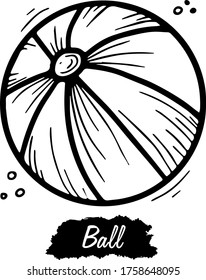 Beach ball isolated on white background. Vintage black vector engraving illustration. Hand drawn in a graphic style.