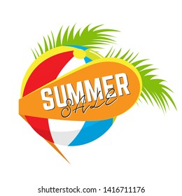 Beach ball with leaves and text. Summer sale label - Vector