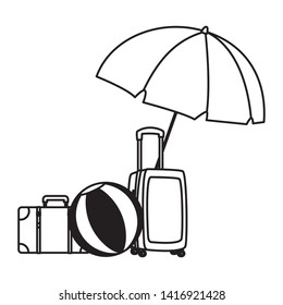 Beach ball and luggage under umbrella cartoons vector illustration graphic design