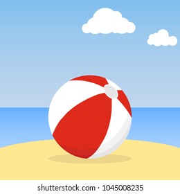 Beach ball lying in the sand. Beach ball against the blue sky. Flat design, vector illustration, vector.