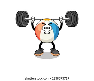 beach ball mascot cartoon lifting a barbell , character design