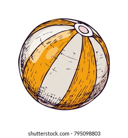 Beach ball on white background, cartoon illustration of beach accessories for summer holidays. Vector