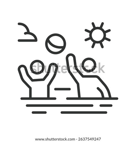 Beach ball play, icon in line design. Ball play, beach balls, summer toy, fun, beach activity, kids playing, inflatable ball on white background vector. Beach ball play editable stroke icon