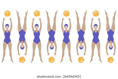 Beach ball player women, seamless border design element.