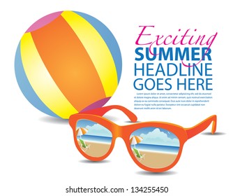Beach ball and reflective sunglasses background template.  EPS 8 vector, grouped for easy editing. No open shapes or paths.