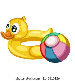 Beach Ball and Rubber Duck Ring Isolated on a White Background. Cartoon Vector Illustration