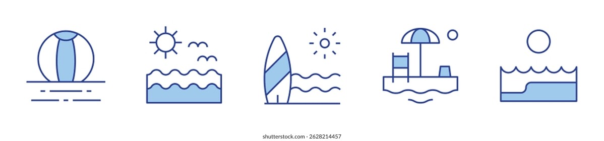 bola de praia, praia, mar. Ilustração do vetor do ícone da praia. Estilo Duotônico da Linha. Traçado editável.